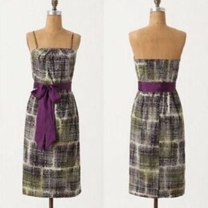 Anthropologie Strapless Plaid Dress with Purple Sash